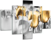 Glasschilderij -  Tulpen - Goud, Grijs, Wit - 100x70cm 5Luik - Geen Acrylglas Schilderij - GroepArt 6000+ Glasschilderijen Collectie - Wanddecoratie- Foto Op Glas