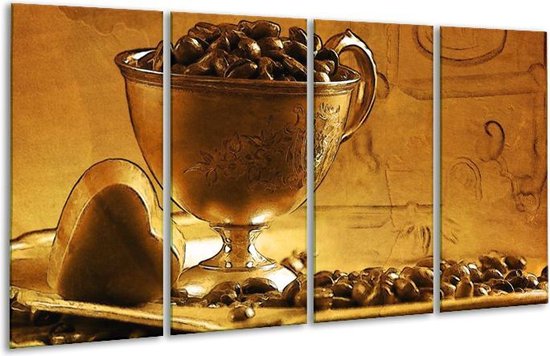 GroepArt - Glasschilderij - Koffie - Bruin, Geel - 160x80cm 4Luik - Foto Op Glas - Geen Acrylglas Schilderij - 6000+ Glasschilderijen Collectie - Wanddecoratie