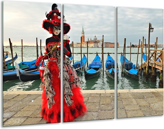 GroepArt - Schilderij -  Venetie, Masker - Rood, Blauw, Grijs - 120x80cm 3Luik - 6000+ Schilderijen 0p Canvas Art Collectie
