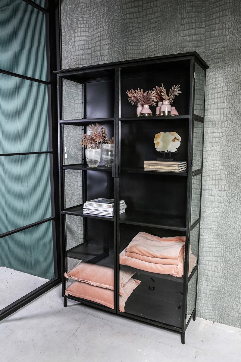 PTMD Vitrinekast Elina Glas Zwart Iron Frame 2-Deurs