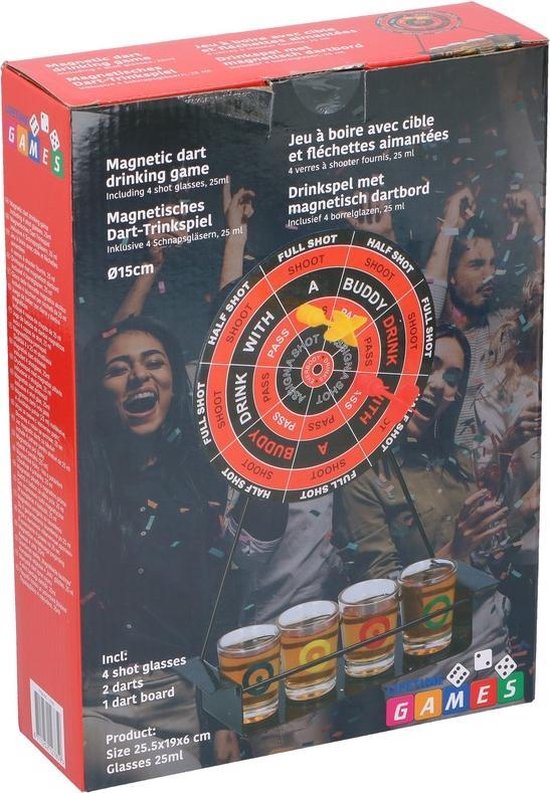Afbeelding van het spel Drankspel magnetisch dartbord met 4 shotglazen 25ml - Drink/drankspellen - Studentenspellen - Shotspel - Darten