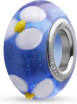 Quiges - Glazen - Kraal - Bedels - Beads Blauw met Witte Bloemen Past op alle bekende merken armband NG784