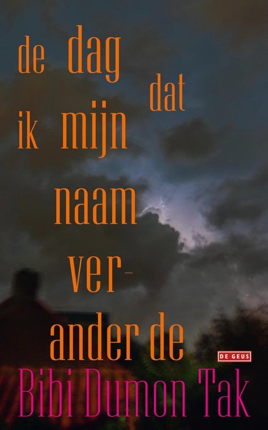 De dag dat ik mijn naam veranderde, Bibi Dumon Tak. Oranje letters op donkere, stormachtige hemel. De GEUS logo.