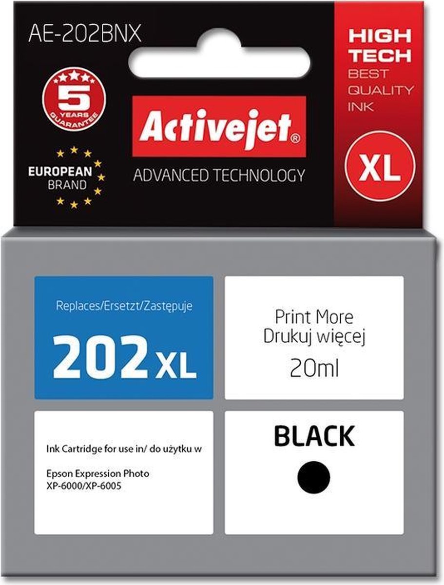 Activejet AE-202BNX inkt (vervanging van Epson 202XL G14010; Supreme; 20 ml; zwart)
