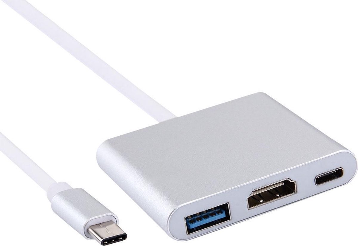 USB-C (Type-C 3.1) Male naar USB-C Female + HDMI + USB 3.0 Adapter Hub | Zilver / Silver | Premium Kwaliteit