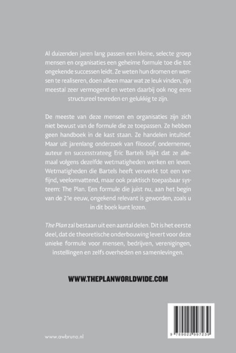 Achterkant boek "The Plan". Grijze achtergrond met tekst over succesformules en de auteur.