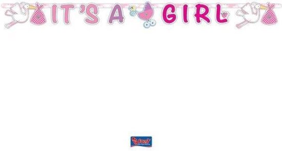 Roze 'IT'S A GIRL'-slinger met ooievaars en babyzakjes. Folat logo onderaan.