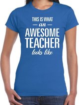 Awesome teacher cadeau t-shirt blauw dames - Juffendag/ einde schooljaar cadeau XL