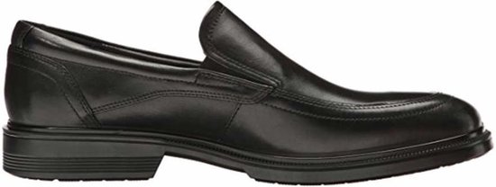 Zwarte ECCO mocassin, zij-aanzicht. Glad leren schoen met elastische zij-inzet en lage hak.