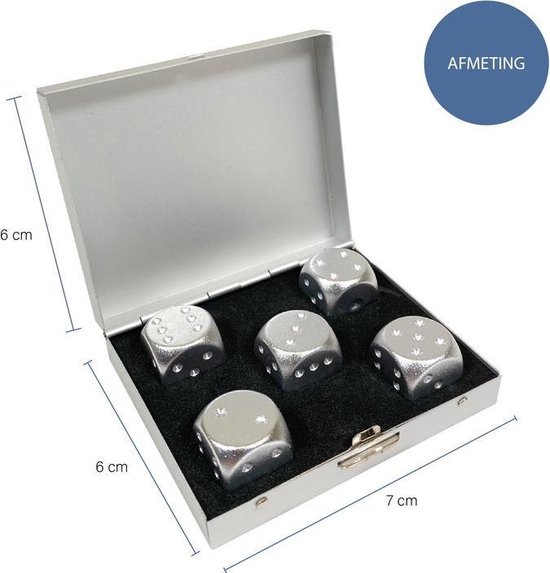 Thumbnail van een extra afbeelding van het spel Aretica Dobbelstenen set van 5 - Aluminium doosje met 5 aluminium dobbelstenen - Spelletjes spelen - Aluminium - Gezelschapsspel - Bordspel - Dobbelen