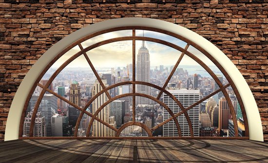Fotobehang - Vliesbehang - 3D New York Stad door Luxe Raam - 152,5 x 104 cm