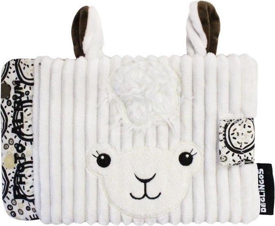 Een wit, ribbelig babyboekje met een Lama gezichtje, bruine oren en een label van Les Deglingos.
