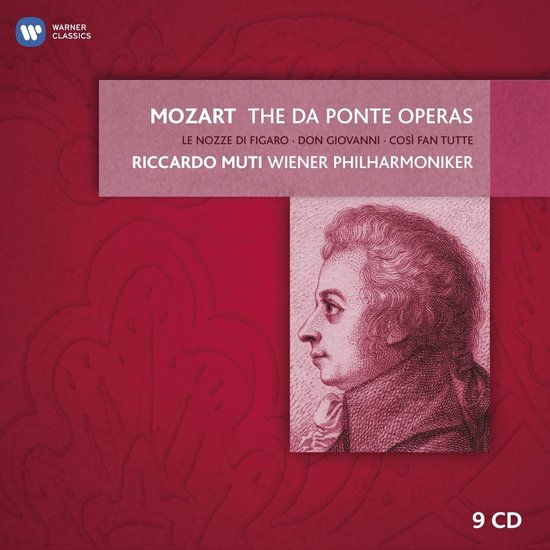 Hoes van 9 CD's van Mozart: The Da Ponte Operas door Riccardo Muti, met portret van Mozart.