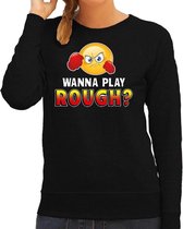 Funny emoticon sweater Wanna play rough zwart dames XL