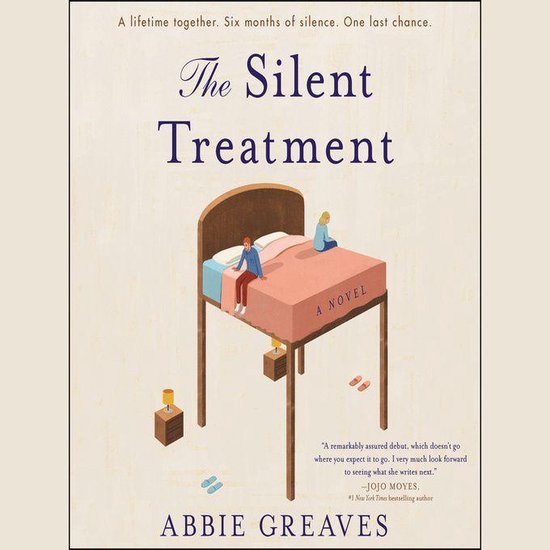 Boek 'The Silent Treatment' van Abbie Greaves. Twee personen op een bed met nachtkastjes en lampen.