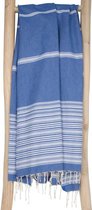 ZusenZomer Hamamdoek XL Fouta BIARRITZ | Ideaal lichtgewicht strandlaken, sauna handdoek | 100x190 cm | 100% katoen - hardblauw wit