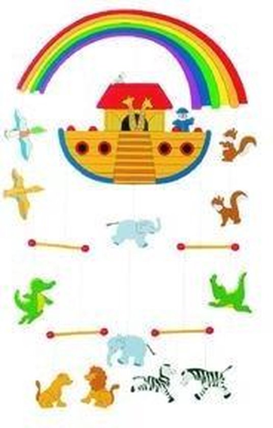 Mobiel met de ark van Noach, regenboog, olifanten, leeuwen, zebra's, eekhoorns, krokodillen en vogels.