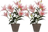 2x Roze Tigerlily/tijgerlelie kunstplant 47 cm in grijze plastic pot - Kunstplanten/nepplanten