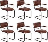 Eetkamerstoelen 6 st met armleuningen echt leer bruin