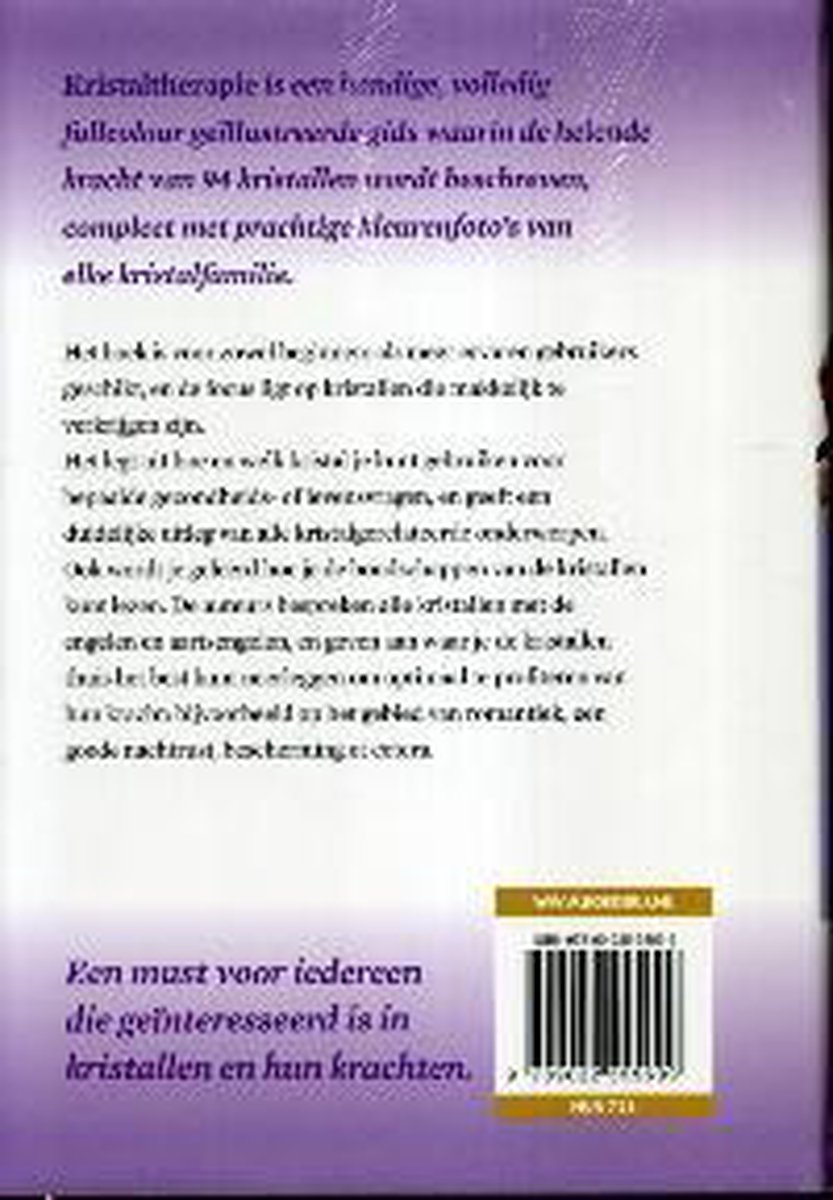 Achterkant boek 'Kristaltherapie' met beschrijving, ISBN en streepjescode.