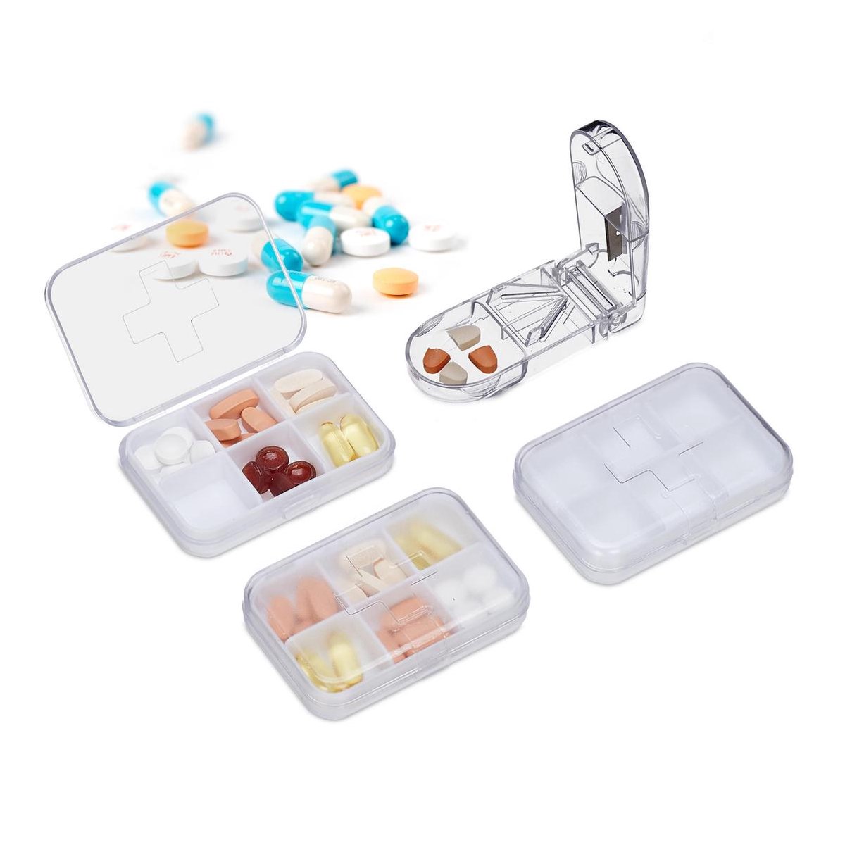 Goedkoopste pillendoos - set van 3 - 6 vakken - pillensnijder - klein - kunststof - wit