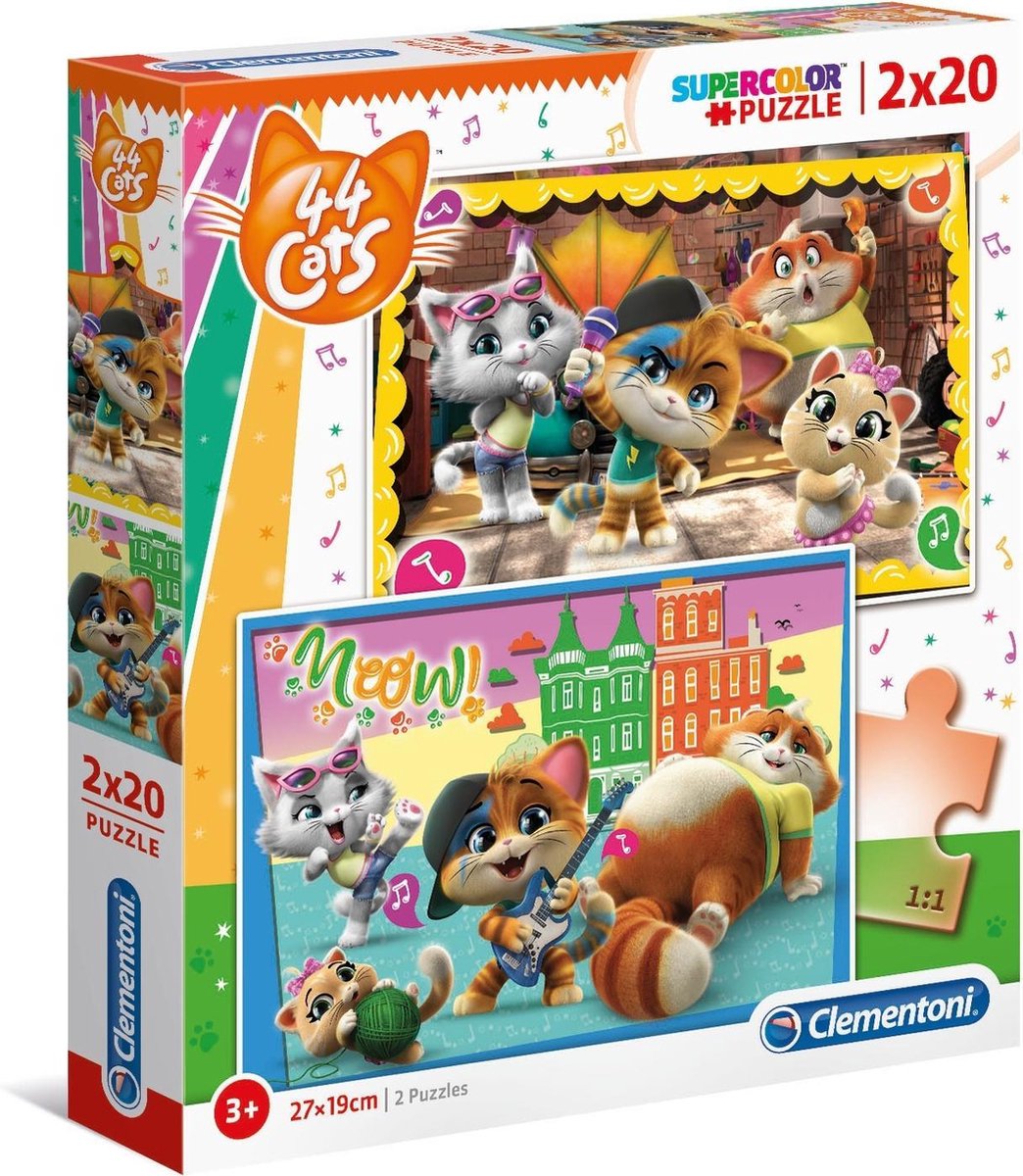 Clementoni - 44 Cats - Kinderpuzzel - 27 x 19 cm - 2 Puzzels - 20 Stukjes - Vanaf 3 jaar
