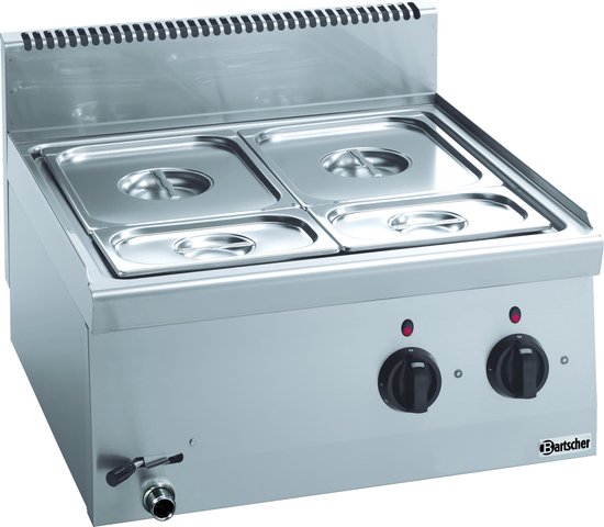 RVS bain-marie met twee GN 1/4 bakken en een GN 1/1 bak, beide met deksels. Heeft twee knoppen en een aftapkraan.