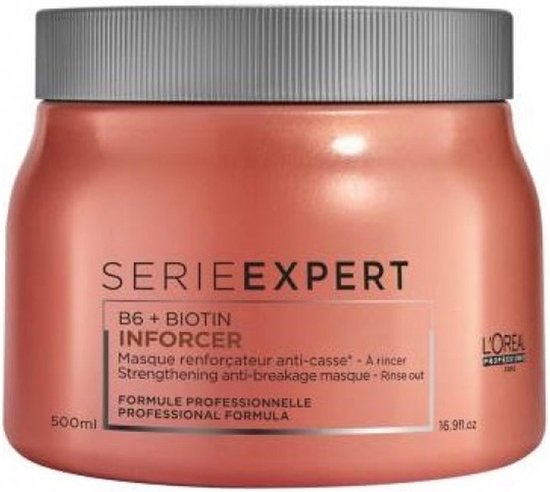 Koraalkleurige pot met grijze dop, "SERIEEXPERT B6 + BIOTIN INFORCER" en "L'ORÉAL PROFESSIONNEL PARIS"