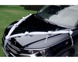 Trouwauto decoratie wit lint met 8 roosjes -Trouwerij/huwelijk/bruiloft decoratie/versiering - Autolinten met rozen wit