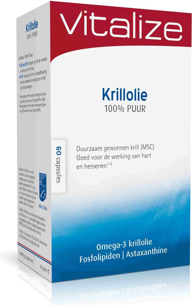 Goedkoopste Vitalize Krillolie 100 puur 60 capsules | Goed opneembaar in het lichaam en de hersenen - EPA en DHA dragen bij tot de normale werking van het hart
