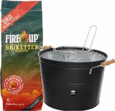 Set van zwarte houtskool barbecue/bbq emmer 27 x 24 cm rond en houtskool briketten 3 kilo - Houtskoolbarbecues
