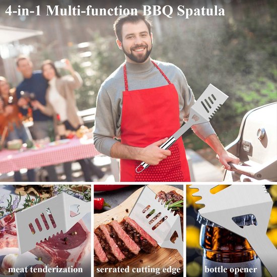 Famanu Extra dikke RVS grillset voor mannen, set van grilaccessoires voor BBQ in achtertuin, cadeauset met grilltools, met vleesthermometer, in aluminium koffer, 26 stuks, zilver van Famanu — afbeelding 5