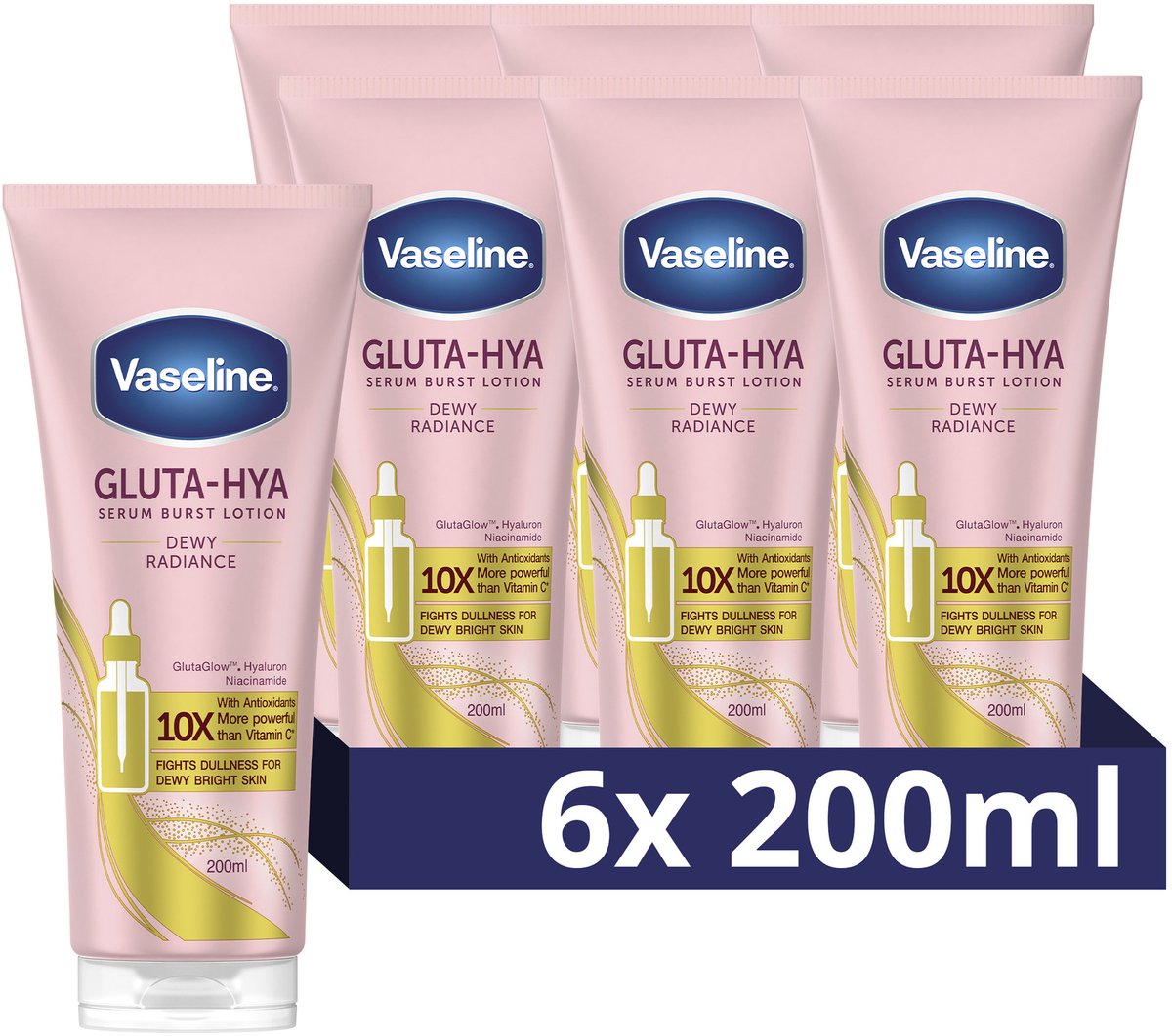 Goedkoopste Vaseline Gluta-Hya Serum Burst Lotion - Dewy Radiance - stimuleert de natuurlijke glans van de huid - 6 x 200 ml