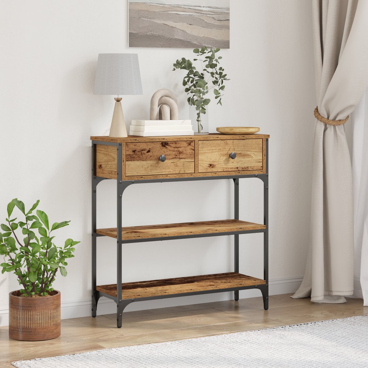 vidaXL Wandtafel - met - lade - Oudhout - 72,5 - x - 25 - x - 75 - cm - Bewerkt - hout