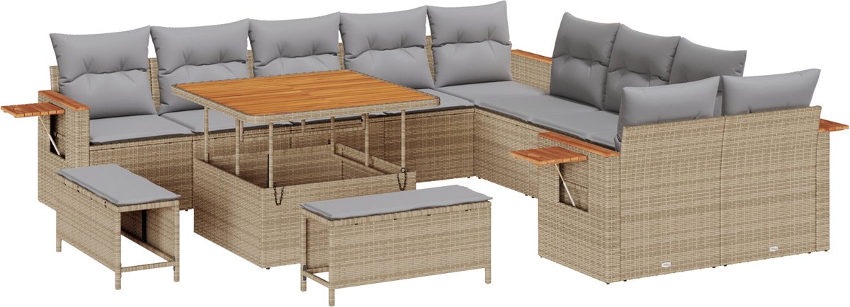 vidaXL - Tuinbank - Set - met - kussen - 17 - pcs - Beige - en - Lichtgrijs - poly - rattan