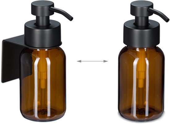 Relaxdays zeepdispenser wandmontage, 250 ml, bruin glas, rvs, hangende zeeppomp, muur, zonder boren, bruin-zwart