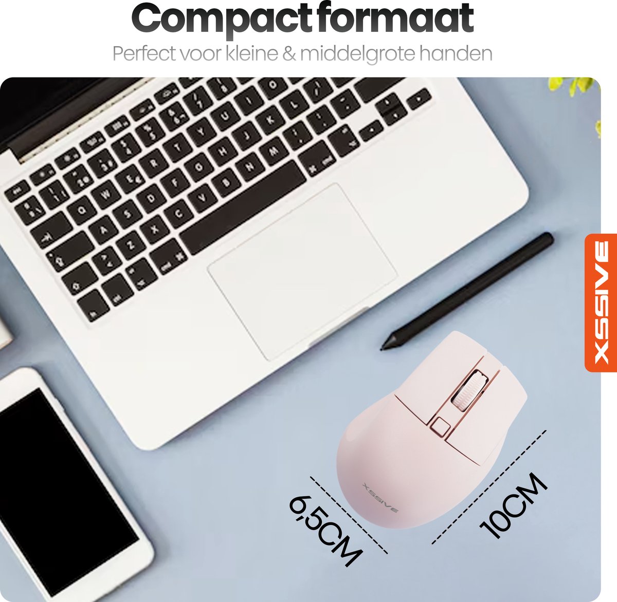 Xssive MS4 Stille Draadloze Muis voor Laptop, Tablet, Telefoon, PC - Bluetooth + Draadloos 2.4G Dongle - Ergonomisch - Roze thumbnail 3