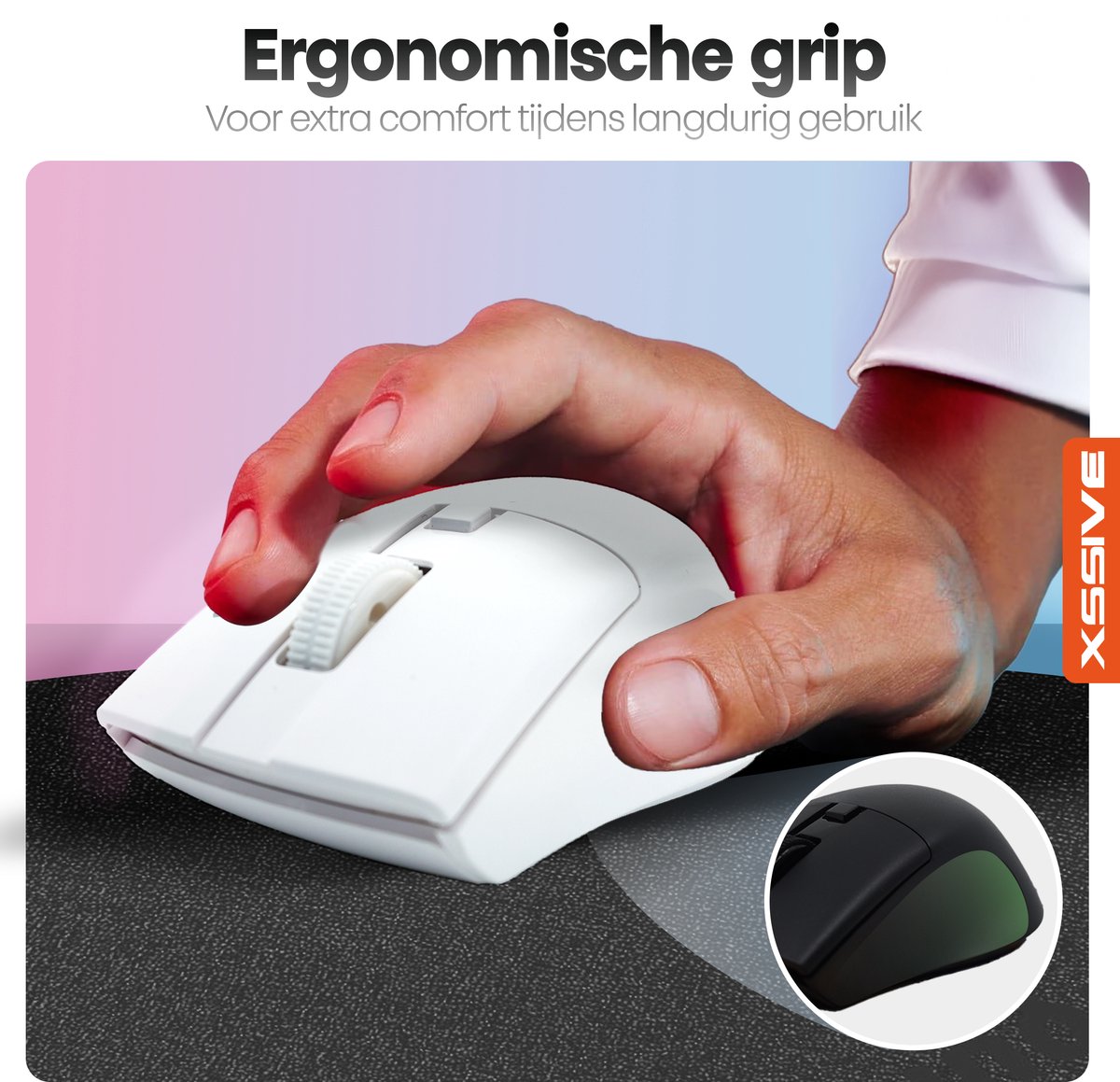 Xssive MS4 Stille Draadloze Muis voor Laptop, Tablet, Telefoon, PC - Bluetooth + Draadloos 2.4G Dongle - Ergonomisch - Wit thumbnail 4
