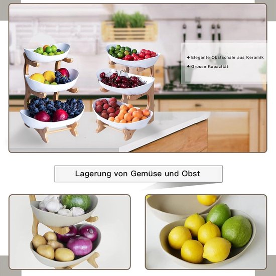 AmkWood Keramische fruitschaal met 3 verdiepingen met bamboehouten standaard voor aanrecht, porseleinen fruitmand voor groenteopslag, snack, dessert- taart-dienblad, bordenrek voor feest, bruiloft