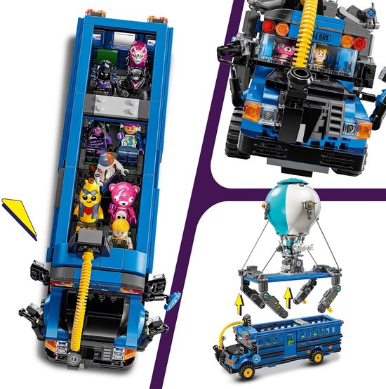 Bus de combat LEGO détaillé avec des figurines à l'intérieur et un ballon attaché.