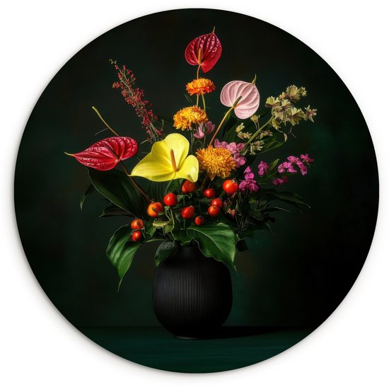 WallCircle® Wandcirkel 60x60 cm - Muurcirkel Bloemen - Vaas - Zwart - Muurdecoratie woonkamer - Wanddecoratie slaapkamer - Kamer decoratie accessoires - Ronde schilderijen