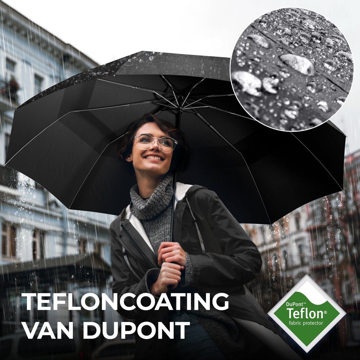 Wilford & Sons Stormparaplu Opvouwbaar Zak Paraplu Stormproof + Knop Automatisch & Beschermhoes | Heren Dames - Compact Stevig, Teflon Wind & Waterdicht Handvat Polsstrap| Reisparaplu Zakparaplu Golf, Zwart - Dubble Dak — cadeau in Cadeau-ideeën - foto 5