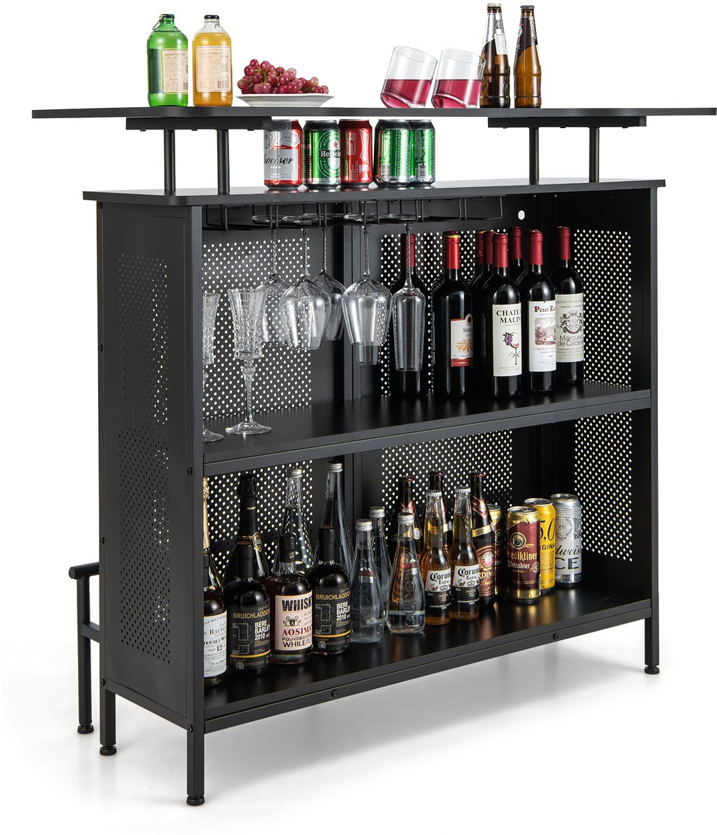 COSTWAY Bartafel keuken, aanrecht met opbergruimte en voetensteun, bar met metalen frame, verstelbare poten, 120 x 50 x 106,5 cm, zwart, rechthoekig