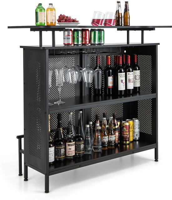 Table de bar de cuisine COSTWAY, plan de travail avec rangement et repose-pieds, bar avec structure en métal, pieds réglables, 120 x 50 x 106,5 cm, noir, rectangulaire