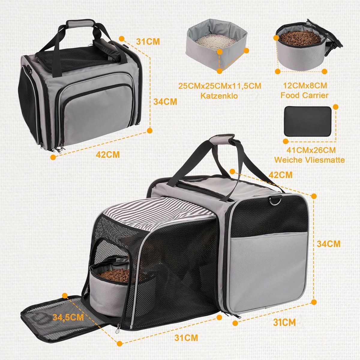CareCooo Kattentransporttas voor grote katten en 2 kleine - robuust en duurzaam, verborgen dakraam, hand- en schoudertas (grijs, 50 x 30 x 30 cm (l x b x h