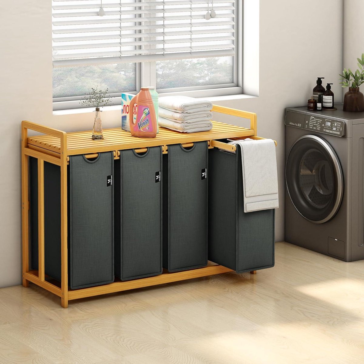 AdelDream Premium wasmand en wasmand, 200 liter, 4 vakken, uittrekbaar, afneembaar, bamboe frame, beige AdelDream Premium wasmand en wasmand, 200 liter, 4 vakken, uittrekbaar, afneembaar, bamboe frame, beige