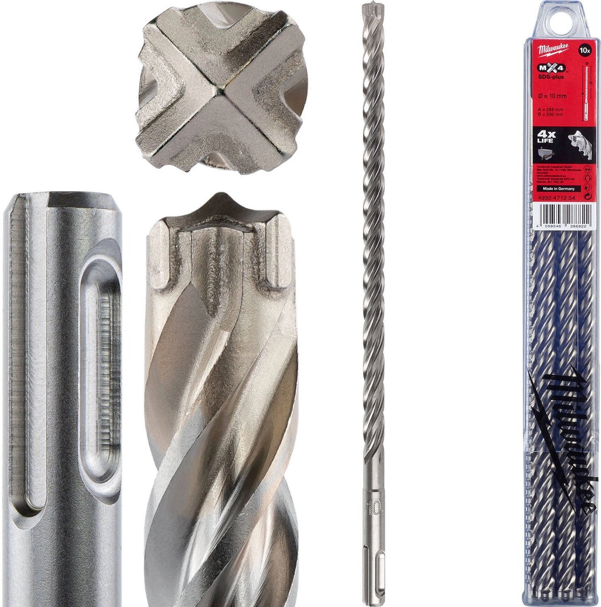 Milwaukee SDS-plus MX4 hamerboren - 4-kanten snijdend / 10 stuks SDS-Plus MX4 10 x 265-10 stuks - 4932471254