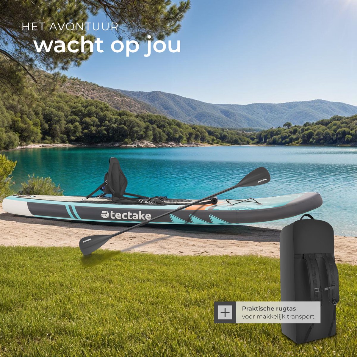 tectake® Stand-Up Paddle Board - 2-in-1 SUP Plank - Opblaasbaar - Stabiel - 288 x 77 x 22,5 cm - Ook als Kajak - Max 200kg - Oranje Turqoois - Complete SUP set met Zitje – foto 2