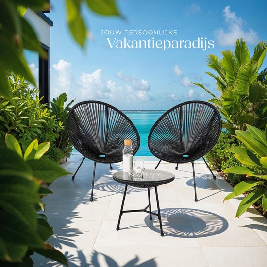 tectake - Tuinmeubel-bistroset - 2 stoelen en 1 tafel - Retro Egg Chairs in Acapulco-stijl - Weerbestendig binnen- en buitengebruik - Zwart van Tectake — afbeelding 3