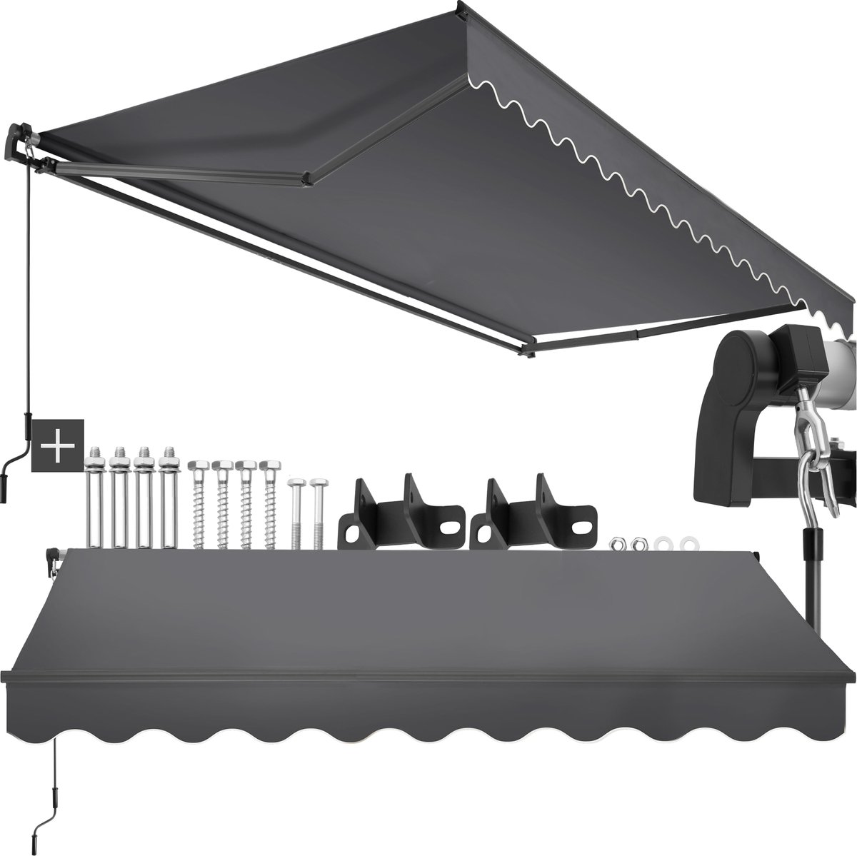 tectake® Zonnescherm met Knikarm - 300 x 250 cm - Zonneluifel - Zonwering voor Raam, Balkon, Buiten - Te Monteren aan Muur - Water- en UV-Bestendig - Donkergrijs